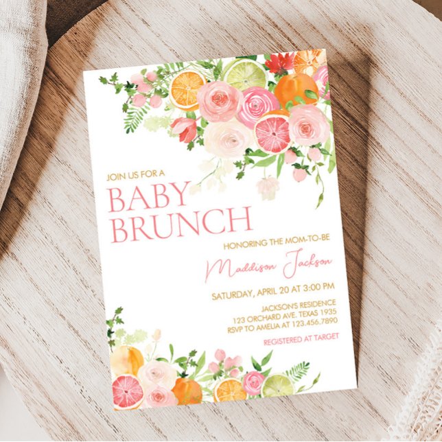 Convites Chá de fraldas de Citros de Laranja Floral Rosa (Girl Lemon Baby Shower Invitation)