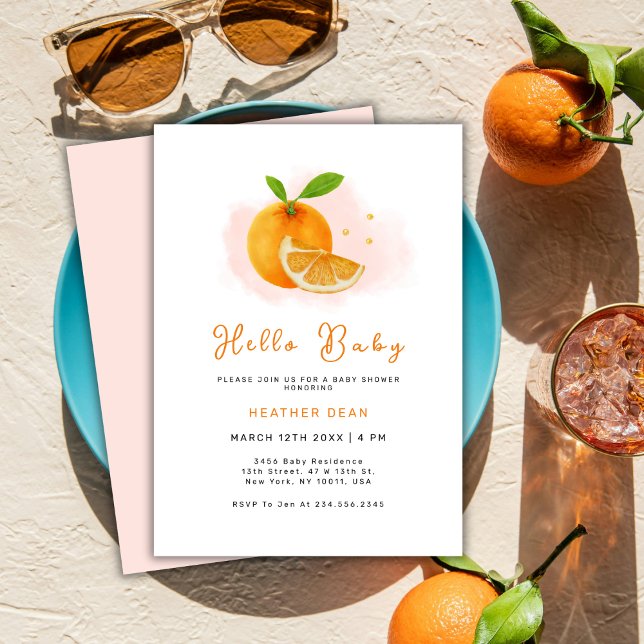 Convites Chá de fraldas de Citros de Laranja Mínimo (Minimalist Sweet Orange Citrus Baby Shower Invitation)