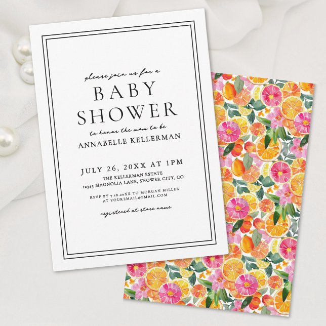 Convites Chá de fraldas de Citros Floral Elegante (Elegant Floral Citrus Baby Shower Invitation)