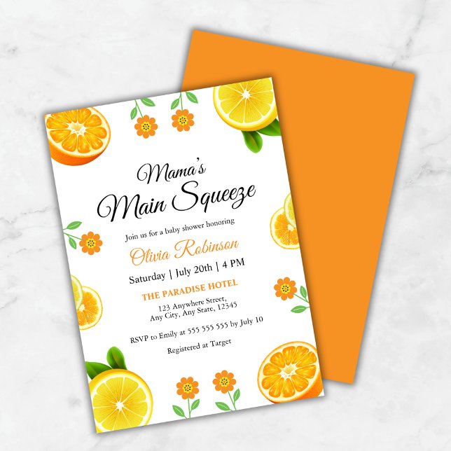 Convites Chá de fraldas de Citros Laranja de Compressão Pri (Mama's Main Squeeze Orange Citrus Baby Shower Invitation )