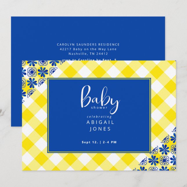 Convites Chá de fraldas de cobalto azul e amarelo Gingham (Frente/Verso)