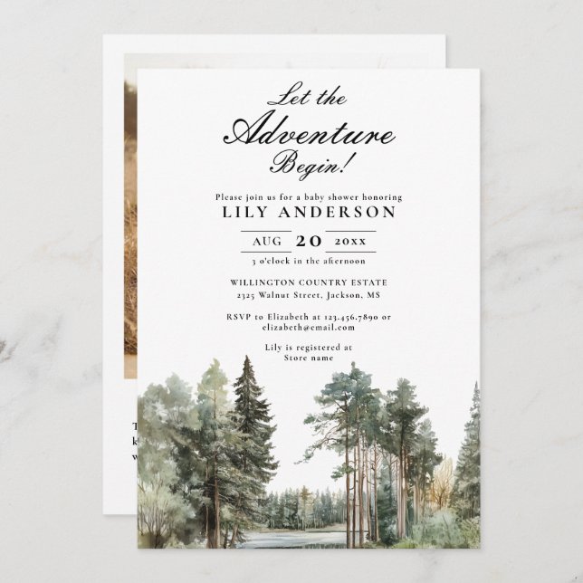 Convites Chá de fraldas de Código QR de Foto da Floresta Ad (Frente/Verso)