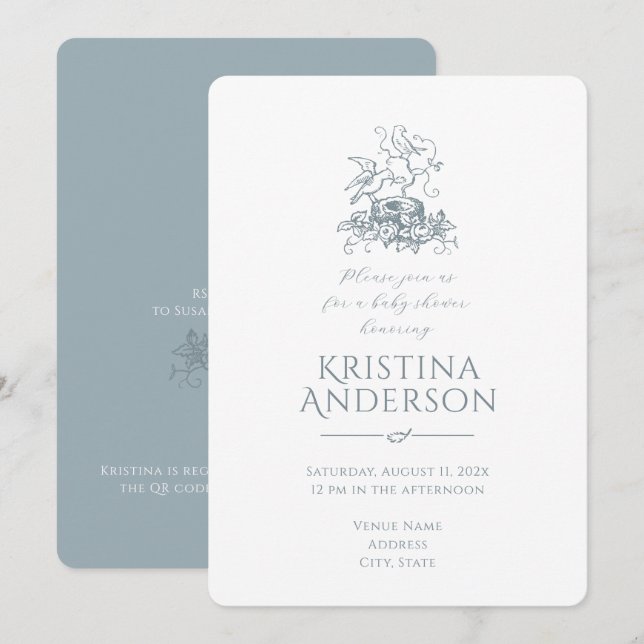 Convites Chá de fraldas de Código QR do Nest do Pássaro Vin (Frente/Verso)