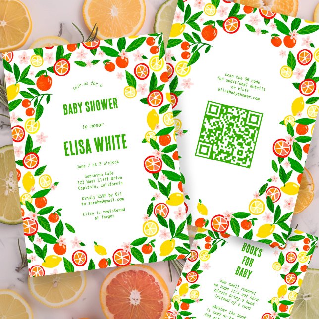 Convites Chá de fraldas de Código QR PERSONALIZADO de Celeb (Citrus Celebration CUSTOM QR Code BABY SHOWER Invitation
Summer Lemons Oranges Fruits)