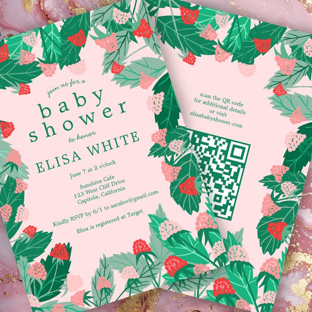 Convites Chá de fraldas de Código QR PERSONALIZADO de Corda (Raspberry Patch Cute CUSTOM QR Code BABY SHOWER Invitation Pink Green)