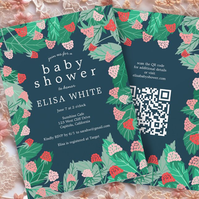 Convites Chá de fraldas de Código QR PERSONALIZADO de Corda (Raspberry Patch Cute CUSTOM QR Code BABY SHOWER Invitation
)