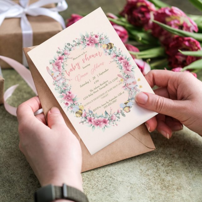 Convites Chá de fraldas de coelhinhos cor-de-rosa-rosa (Criador carregado)