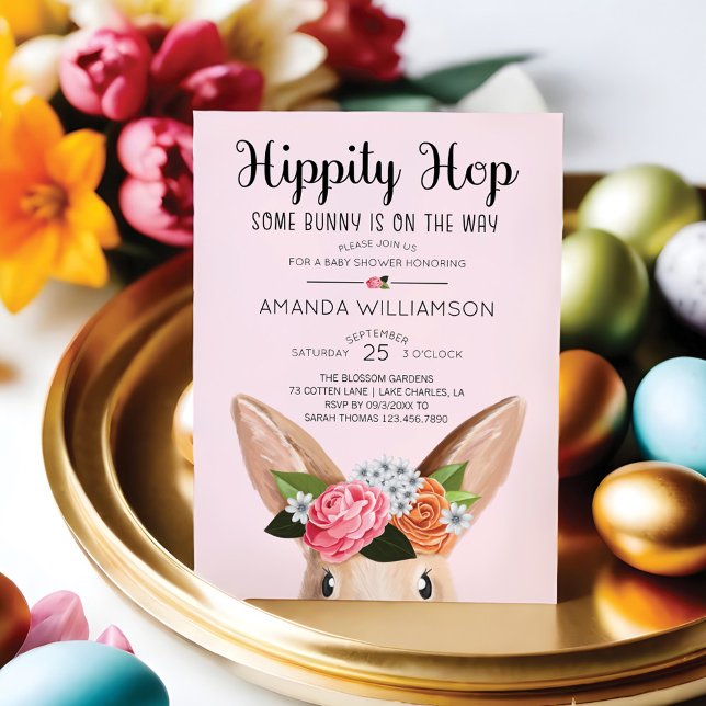 Convites Chá de fraldas de coelho flexível com Páscoa de Hi (Hippity Hop Easter Floral Bunny Rabbit Baby Shower Invitation)