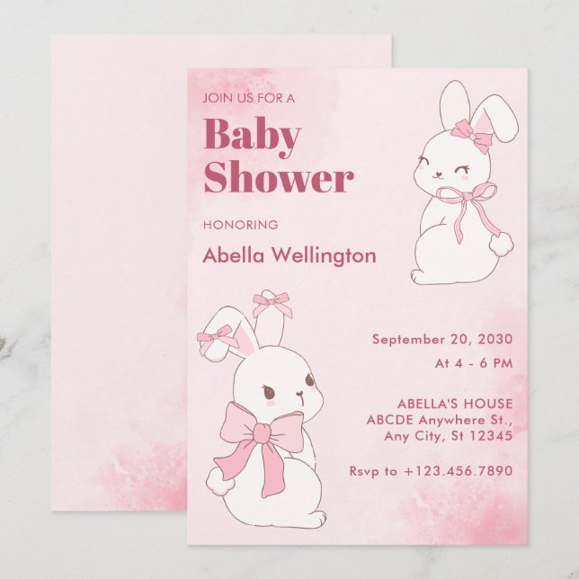 Convites Chá de fraldas de coelho rosa e bonito (Frente/Verso)