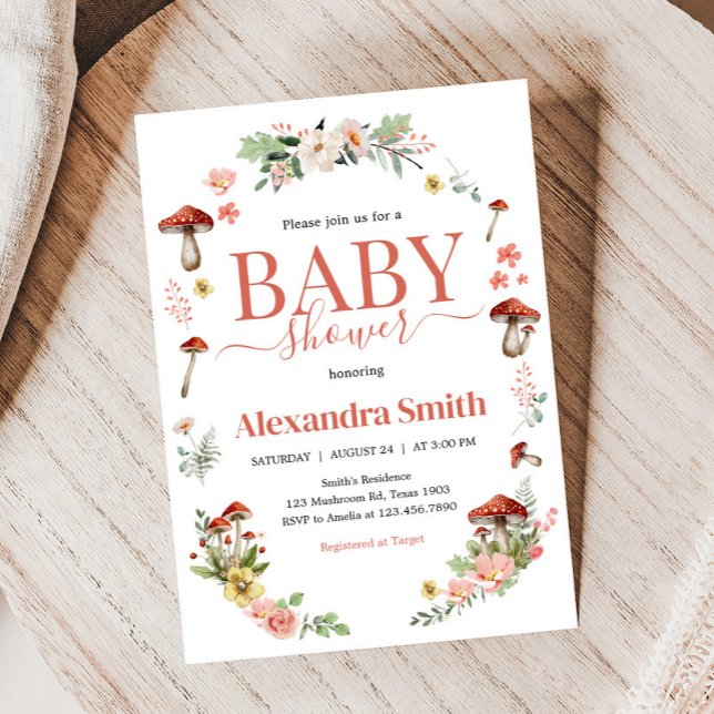 Convites Chá de fraldas de Cogumelo de Flor Selvagem Encant (Enchanted Mushroom Baby Shower Invitation )