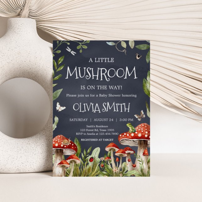 Convites Chá de fraldas de Cogumelo Florestal Encantado Whi (Rustic Mushroom Baby Shower Invitation)