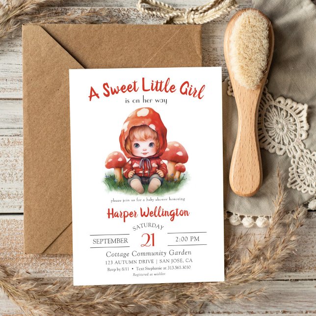 Convites Chá de fraldas de Cogumelo Vermelho da Menina Doce (Sweet Little Girl Red Mushroom Baby Shower Invitation)