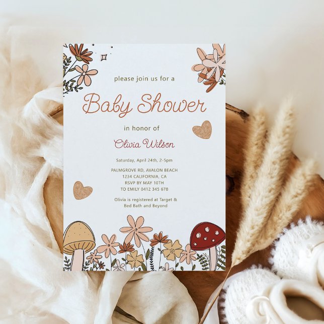 Convites Chá de fraldas de cogumelos (Whimsical Rustic cottagecore Wildflowers Mushroom Baby Shower invitation)
