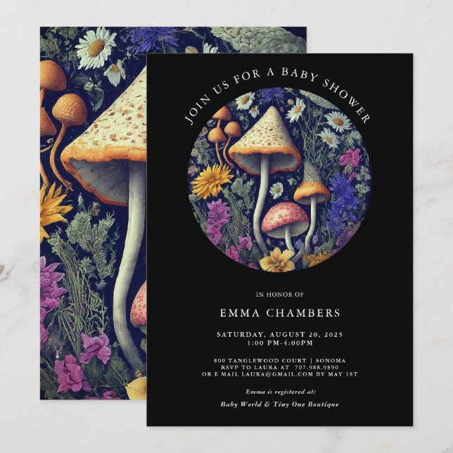 Convites Chá de fraldas De Cogumelos De Madeira Cantada (Frente/Verso)