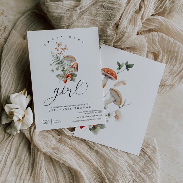 Convites Chá de fraldas de cogumelos e morangos (Criador carregado)