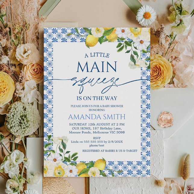 Convites Chá de fraldas de compressão principal amarelo azu (Lemon Baby Shower Invitation Template, Main Squeeze Baby Shower Invitation Yellow Floral Blue Tiles)