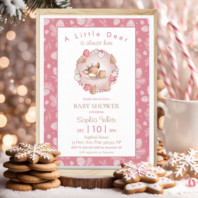 Convites Chá de fraldas de Cone de Pinheiro Rosa de inverno (Christmas Winter Pink Deer Pine Cone Baby Shower Invitation)