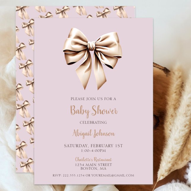 Convites Chá de fraldas de coquete bege elegante (Elegant Beige Coquette Bow Baby Shower Invitation, Baby Girl Shower, Modern Script, Classic Chic)