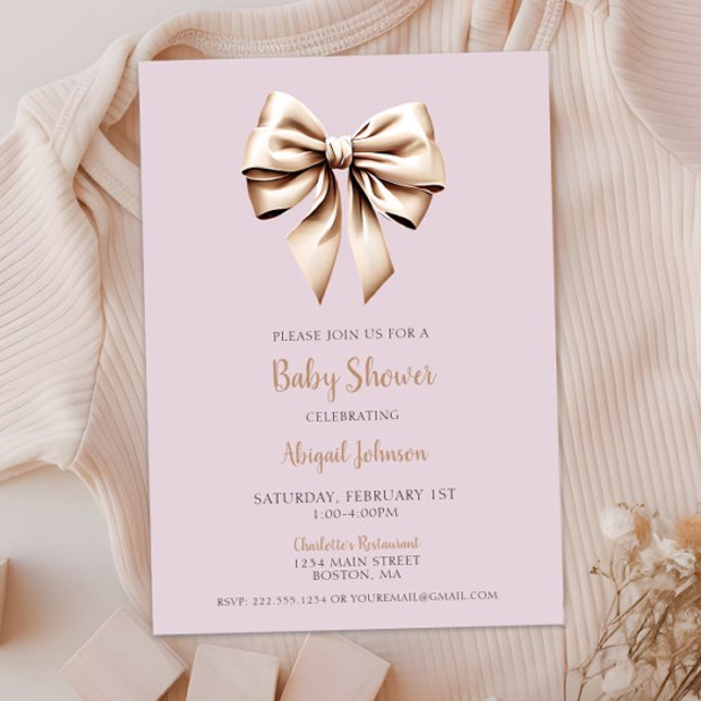 Convites Chá de fraldas de coquete bege elegante (Elegant Beige Coquette Bow Baby Shower Invitation, Baby Girl Shower, Modern Script, Classic Chic)