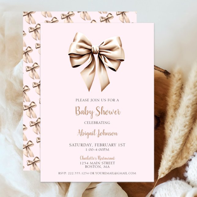 Convites Chá de fraldas de coquete bege rosa elegante (Chic Blush Pink Beige Coquette Bow Baby Shower Invitation, Modern Script, Classic Baby Girl Shower)