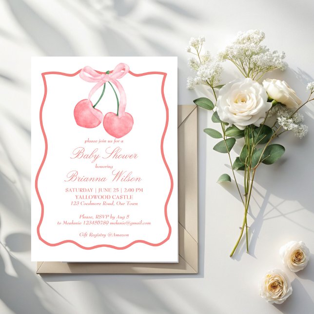 Convites Chá de fraldas de coquetel cor-de-rosa-cereja (Cherry pink bow ribbon border coquette baby shower invitation template)