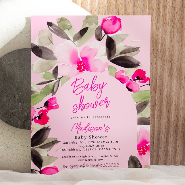 Convites Chá de fraldas de cor branca verde-rosa-boho (Boho pink green floral watercolor baby shower invitation on pink)