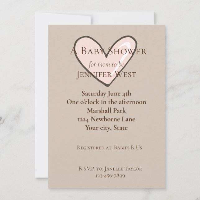 Convites Chá de fraldas de Coração Cor-de-Rosa (Verso)