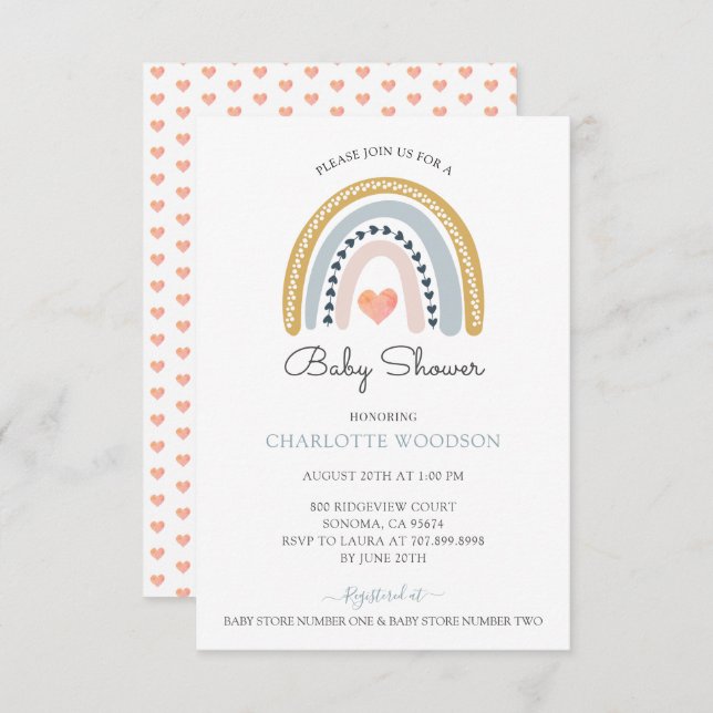 Convites Chá de fraldas de Coração Rosa Arco-Íris (Frente/Verso)