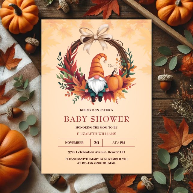 Convites Chá de fraldas De Corda Laranja Gnomo Queda Pumpki (Orange Cute Gnome Fall Pumpkin Wreath Baby Shower Invitation)