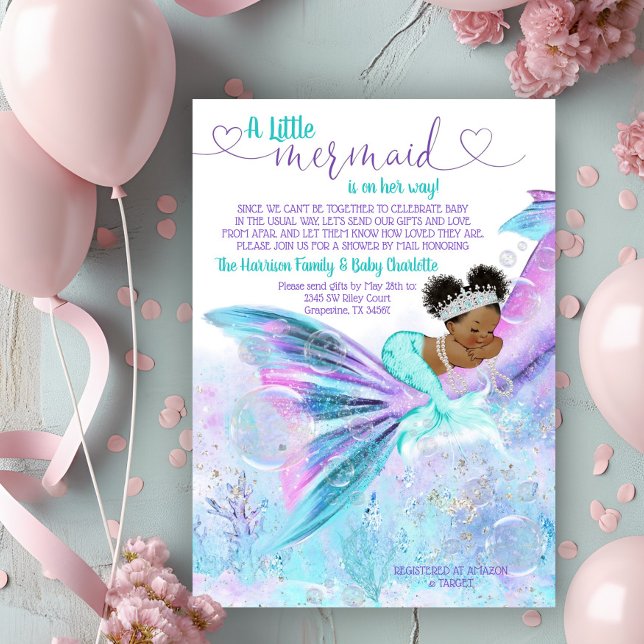 Convites Chá de fraldas de Correio Mermaid Afro (Adorable mermaid long distance mail baby shower invitation. )