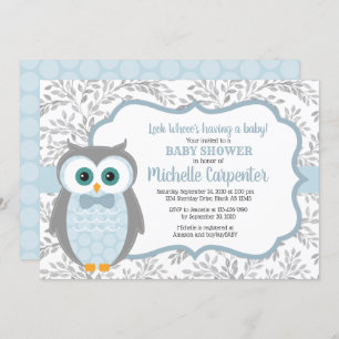 Convites chá de fraldas de coruja cinza azul