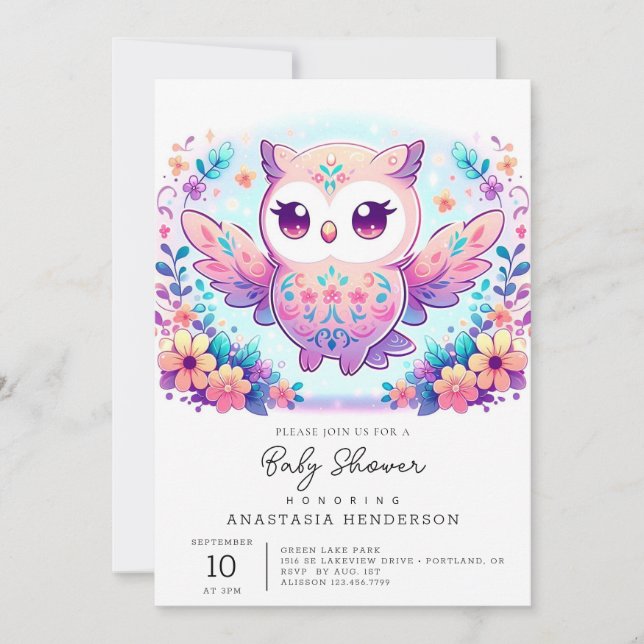 Convites Chá de fraldas de Coruja Mágica (Frente)