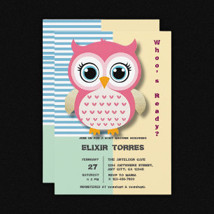 Convites Chá de fraldas de Coruja Rosa Esbranquiçada