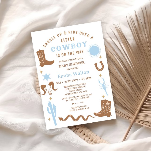Convites Chá de fraldas de cowboy castanho-moderno (Little Cowboy Baby Shower Invitation, Blue Brown Western Baby Shower Invitation Boy Western Southern)