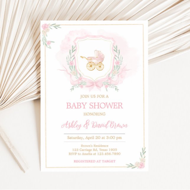 Convites Chá de fraldas de Crest de Aquarela Rosa (Pink Gold Carriage Crest Baby Shower Invitation)
