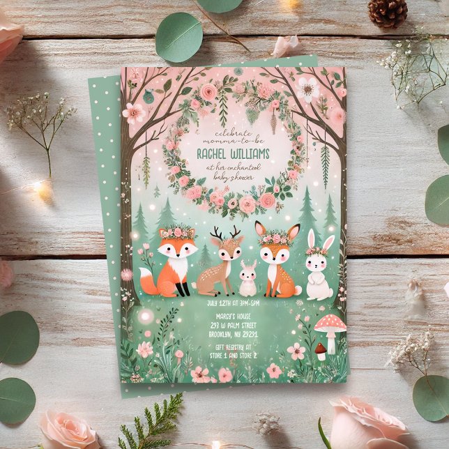 Convites Chá de fraldas de Criações da Floresta Florestal E (Enchanted Woodland Forest Creatures Baby Shower Invitation
)