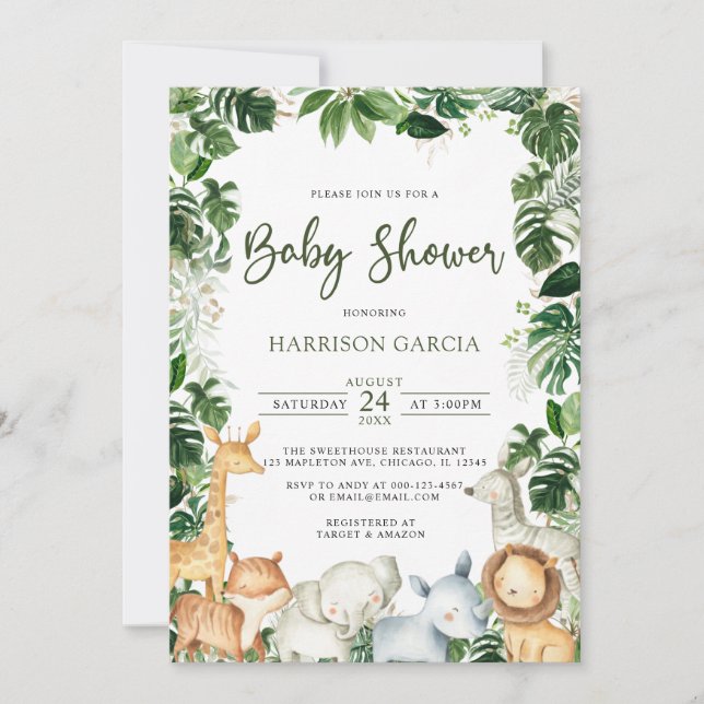 Convites Chá de fraldas de Crianceiros Safari Greenery Safa (Frente)