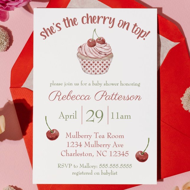 Convites chá de fraldas de Cupcake Coquette "Cherry on Top" ("she's the cherry on top" pink and red cupcake girl baby shower invitation coquette cute watercolor)
