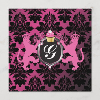 Convites Chá de fraldas de Cupcake rosa heráldica luxo 311