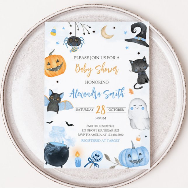 Convites Chá de fraldas de Dia das Bruxas Azul (Boy Ghost Halloween Baby Shower Invitation)