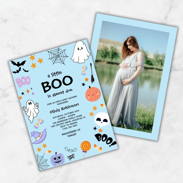 Convites Chá de fraldas de Dia das Bruxas Azul Um Pequeno B (Blue A Little Boo Cute Photo Halloween Baby Shower Invitation )