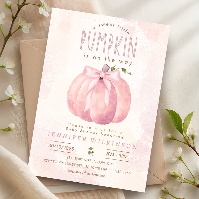 Convites Chá de fraldas de Dia das Bruxas de Arco de Abóbor (Pink Sweet Pumpkin Bow Halloween Baby Shower Invitation)