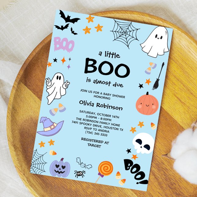 Convites Chá de fraldas de Dia das Bruxas de Fantasmas Azul (Blue A Little Boo is Almost Due Cute Ghost Halloween Baby Shower Invitation )