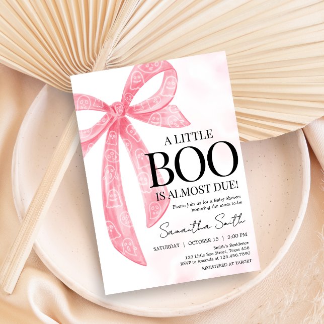 Convites Chá de fraldas de Dia das Bruxas de Menina Rosa (Pink Bow Little Boo Coquette Halloween Baby Shower Invitation)