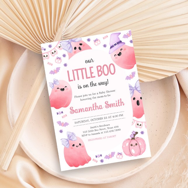 Convites Chá de fraldas de Dia das Bruxas de Meninas (Girl Little Boo Halloween Baby Shower Invitation)