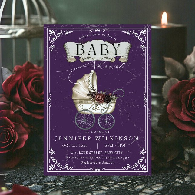 Convites Chá de fraldas de Dia das Bruxas de Púrpura da Vin (Vintage Gothic Purple Halloween Baby Shower Invitation)