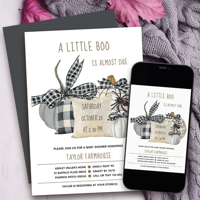 Convites Chá de fraldas de Dia das Bruxas do Travesseiro de (Little Boo baby shower Invitation with stylish farmhouse porch decor
)