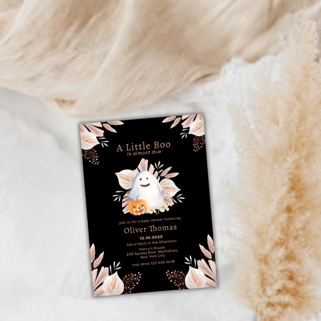 Convites Chá de fraldas de Dia das Bruxas Negra Boo (Black Little Boo Boho Ghost Halloween Baby Shower Invitation)