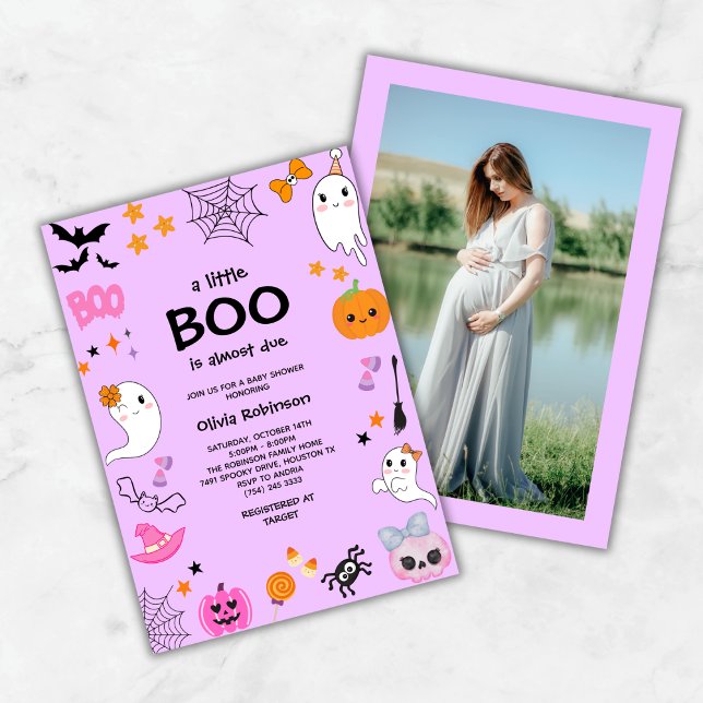 Convites Chá de fraldas De Dia das Bruxas Puro A Boo (Purple A Little Boo is Almost Due Cute Ghost Halloween Baby Shower Invitation  )