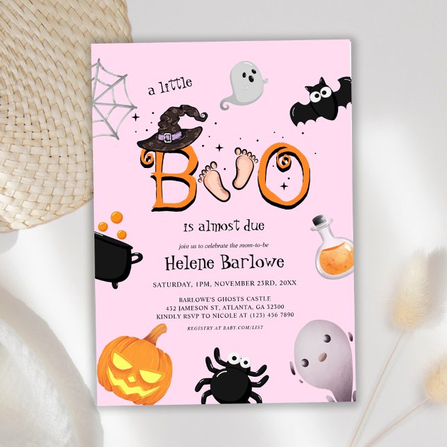 Convites Chá de fraldas de Dia das Bruxas Rosa (Pink Little Boo Halloween Baby Shower Invitation)